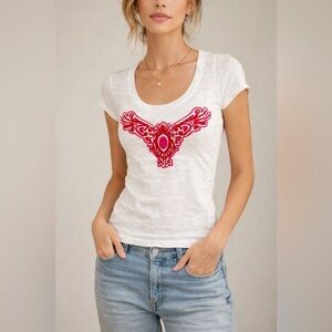 Pinkberry Graphic Deep Scoop Neck Tee Size red embroidered NWT